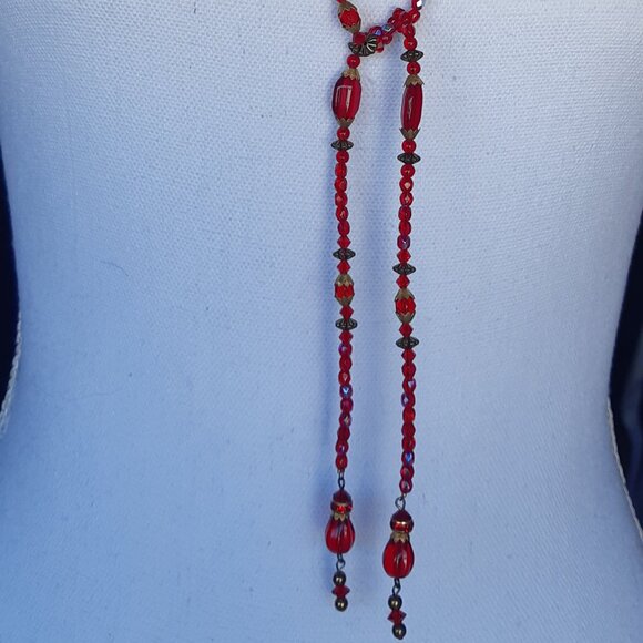 1930-40's Czech Crystal Art Deco 44 Inch Red Lariat Necklace and Earring Set - Picture 2 of 12